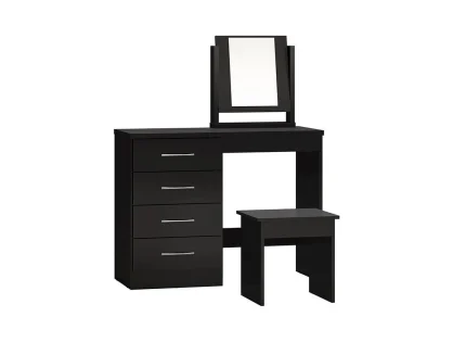 Seconique Nevada Black High Gloss 4 Drawer Pedestal Dressing Table and Stool