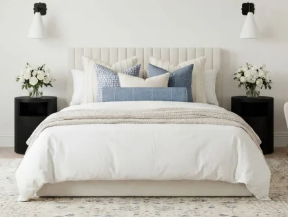 LPD Berlin Milk Weave Fabric Ottoman Bed Frame LPD Berlin Milk Weave Fabric Ottoman Bed Frame