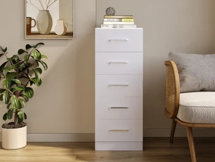 Seconique Dakota White Wooden 5 Drawer Narrow Chest of Drawers