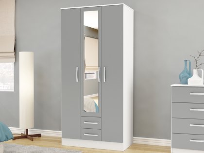 Birlea Lynx Grey High Gloss and White 3 Door 2 Drawer Mirrored Triple Wardrobe (Flat Packed)