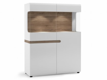 Furniture To Go Chelsea White High Gloss and Truffle Oak Low 109cm Wide Display Cabinet (Flat Packed