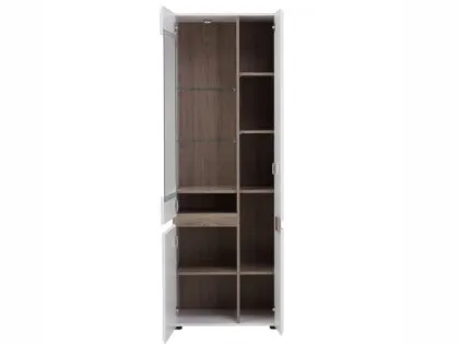 Furniture To Go Chelsea White High Gloss and Truffle Oak Tall Glazed Narrow Display Cabinet (RHD)