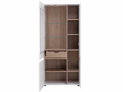Furniture To Go Chelsea White High Gloss and Truffle Oak Tall Glazed Wide Display Cabinet (RHD) (Fla