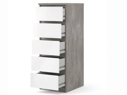 Furniture To Go Naia Grey and White High Gloss 5 Drawer Narrow Chest of Drawers