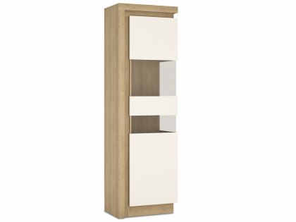 Furniture To Go Lyon White High Gloss and Riviera Oak Tall Display Cabinet (RHD) (Flat Packed)