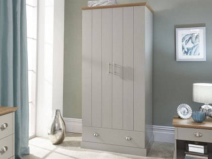 GFW Kendal Light Grey and Oak 2 Door 1 Drawer Wardrobe (Flat Packed)