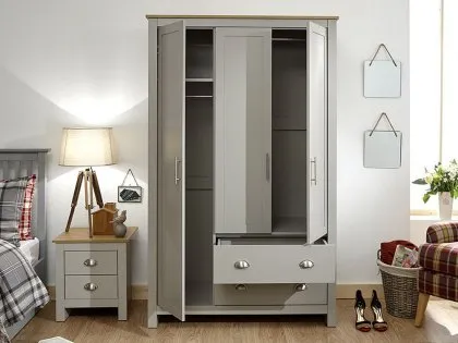 GFW Lancaster Grey and Oak 3 Door 2 Drawer Wardrobe