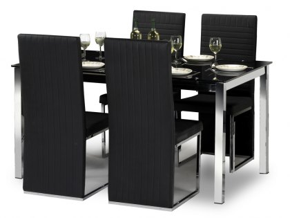 Julian Bowen Tempo 150cm Black Glass Dining Table and 4 Black Faux Leather Chairs Set