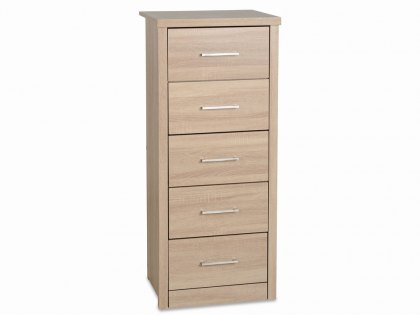 Seconique Lisbon  Light Oak Effect 5 Drawer Tall Narrow Chest of Drawers (Flat Packed)