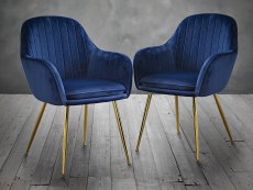 LPD LPD Lara Set of 2 Royal Blue Velvet and Gold Dining Chairs