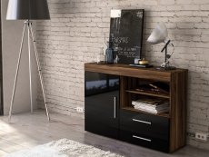 Birlea Birlea Edgeware Walnut and Black High Gloss 1 Door 2 Drawer Sideboard (Flat Packed)