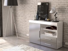 Birlea Birlea Edgeware White and Grey High Gloss 1 Door 2 Drawer Sideboard (Flat Packed)