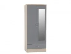 Seconique Seconique Nevada Grey Gloss and Oak 2 Door 1 Drawer Mirrored Wardrobe