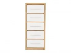 Seconique Seconique Seville White High Gloss and Oak 5 Drawer Tall Narrow Chest