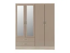 Seconique Seconique Nevada Oyster Gloss and Oak 4 Door 2 Drawer Mirrored Wardrobe