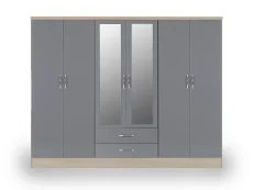 Seconique Nevada Grey Gloss and Oak 6 Door 2 Drawer Mirrored Wardrobe