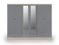 Seconique Seconique Nevada Grey Gloss and Oak 6 Door 2 Drawer Mirrored Wardrobe