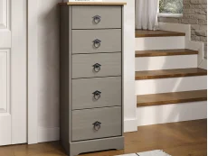 Core Core Corona Compact Grey and Waxed Pine 5 Drawer Narrow Chest of Drawers