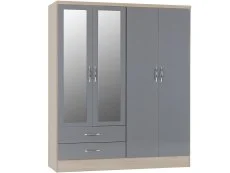 Seconique Nevada Grey Gloss and Oak 4 Door 2 Drawer Mirrored Wardrobe Seconique Nevada Grey Gloss and Oak 4 Door 2 Drawer Mirrored Wardrobe