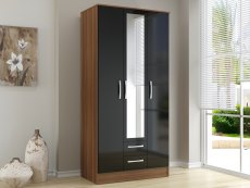 Birlea Birlea Lynx Black High Gloss and Walnut 3 Door 2 Drawer Mirrored Triple Wardrobe (Flat Packed)