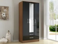 Birlea Furniture & Beds Birlea Lynx Black High Gloss and Walnut 3 Door 2 Drawer Mirrored Triple Wardrobe