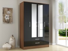 Birlea Birlea Lynx Black High Gloss and Walnut 4 Door 2 Drawer Mirrored Large Wardrobe (Flat Packed)