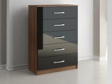 Birlea Birlea Lynx Black High Gloss and Walnut 5 Drawer Chest of Drawers (Flat Packed)