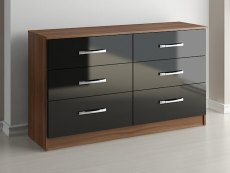 Birlea Birlea Lynx Black High Gloss and Walnut 6 Drawer Chest of Drawers (Flat Packed)
