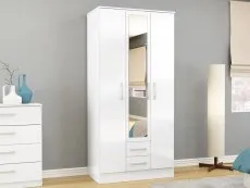 Birlea Furniture & Beds Birlea Lynx White High Gloss 3 Door 2 Drawer Mirrored Triple Wardrobe