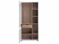 Furniture To Go Chelsea White High Gloss and Truffle Oak Tall Glazed Wide Display Cabinet (RHD) (Flat Packed)