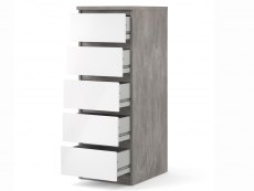 Furniture To Go Naia Concrete Grey and White High Gloss 5 Drawer Narrow Chest of Drawers (Flat Packed)