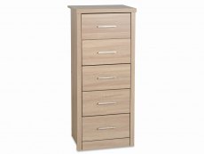 Seconique Seconique Lisbon  Light Oak Effect 5 Drawer Tall Narrow Chest of Drawers (Flat Packed)
