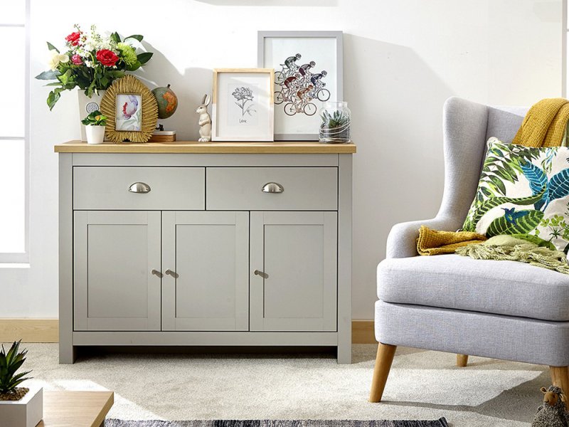 GFW Lancaster Grey and Oak 3 Door 2 Drawer Large Sideboard Flat Packed