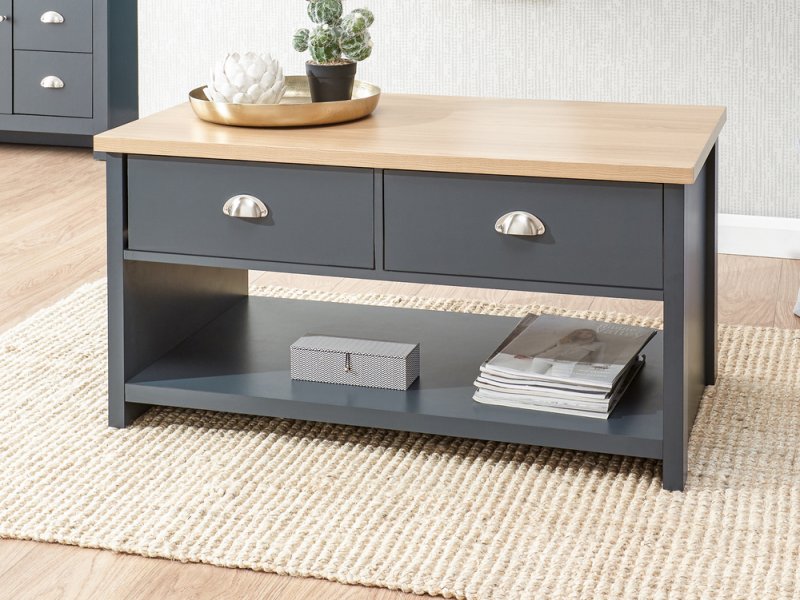 GFW Lancaster Slate Blue and Oak 2 Drawer Coffee Table Flat Packed