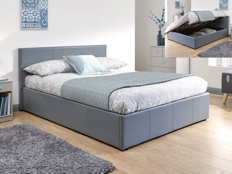 GFW Ecuador 4ft6 Double Grey Upholstered Faux Leather Side Lift Ottoman Bed Frame