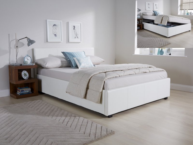 GFW Ecuador 4ft6 Double White Upholstered Faux Leather Side Lift Ottoman Bed Frame