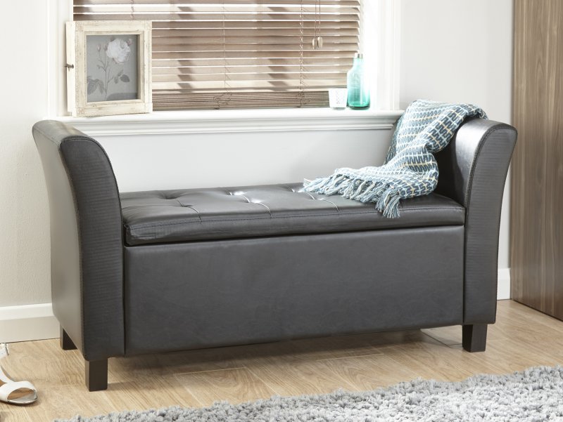 GFW Verona Black Upholstered Faux Leather Window Seat Flat Packed