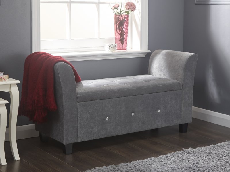 GFW Verona Grey Chenille and Diamante Upholstered Fabric Window Seat Flat Packed