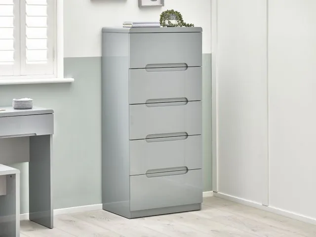 Julian Bowen Manhattan Grey High Gloss 5 Drawer Tall Narrow Chest of Drawers