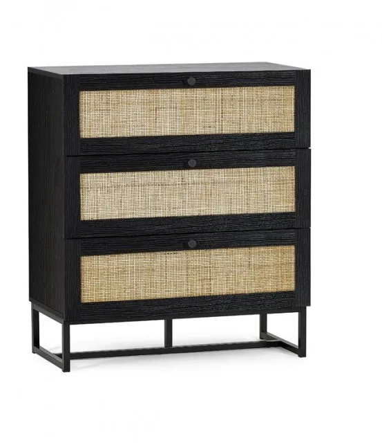 Photos - Other Furniture Julian Bowen Padstow Black and Rattan 3 Drawer Chest of Drawers chestsofdr 