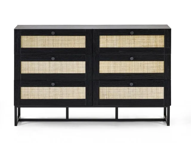 Julian Bowen Padstow Black and Rattan 6 Drawer Chest of Drawers