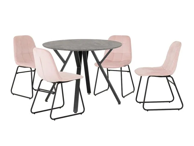Seconique Athens Concrete Effect Round Dining Table with 4 Lukas Pink Velvet Chairs
