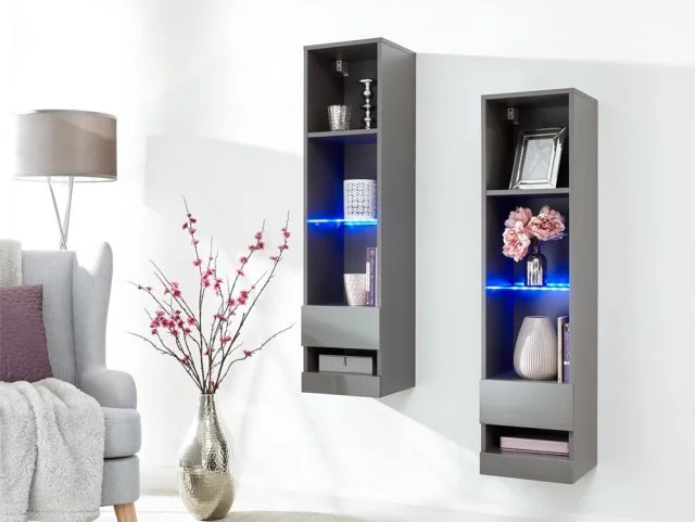 GFW Galicia Grey Set of Two Tall Shelf Units with LED Lighting