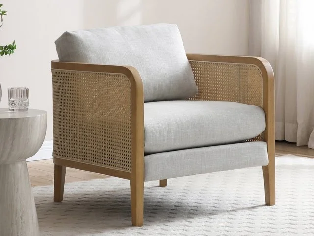 Kyoto Mabel Rattan and Grey Fabric Accent Chair thumbnail