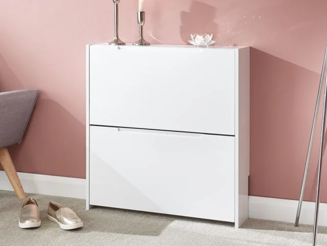 GFW Sapporo White High Gloss 2 Tier Narrow Shoe Cabinet
