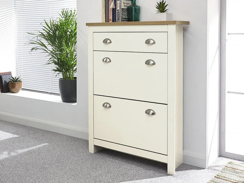 GFW Lancaster Cream and Oak 2 Door 1 Drawer Shoe Cabinet