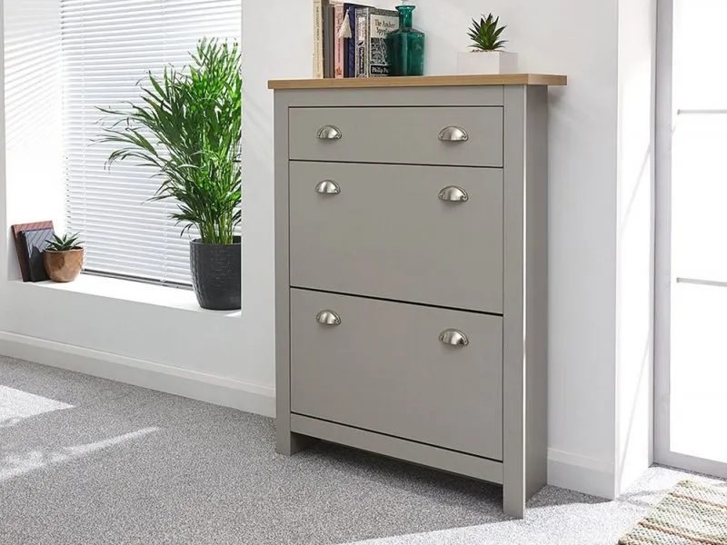 GFW Lancaster Grey and Oak 2 Door 1 Drawer Shoe Cabinet