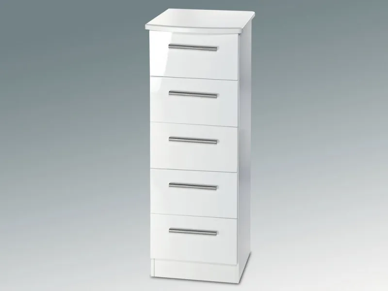 Welcome Knightsbridge White High Gloss 5 Drawer Tall Narrow Chest of Drawers Assembled